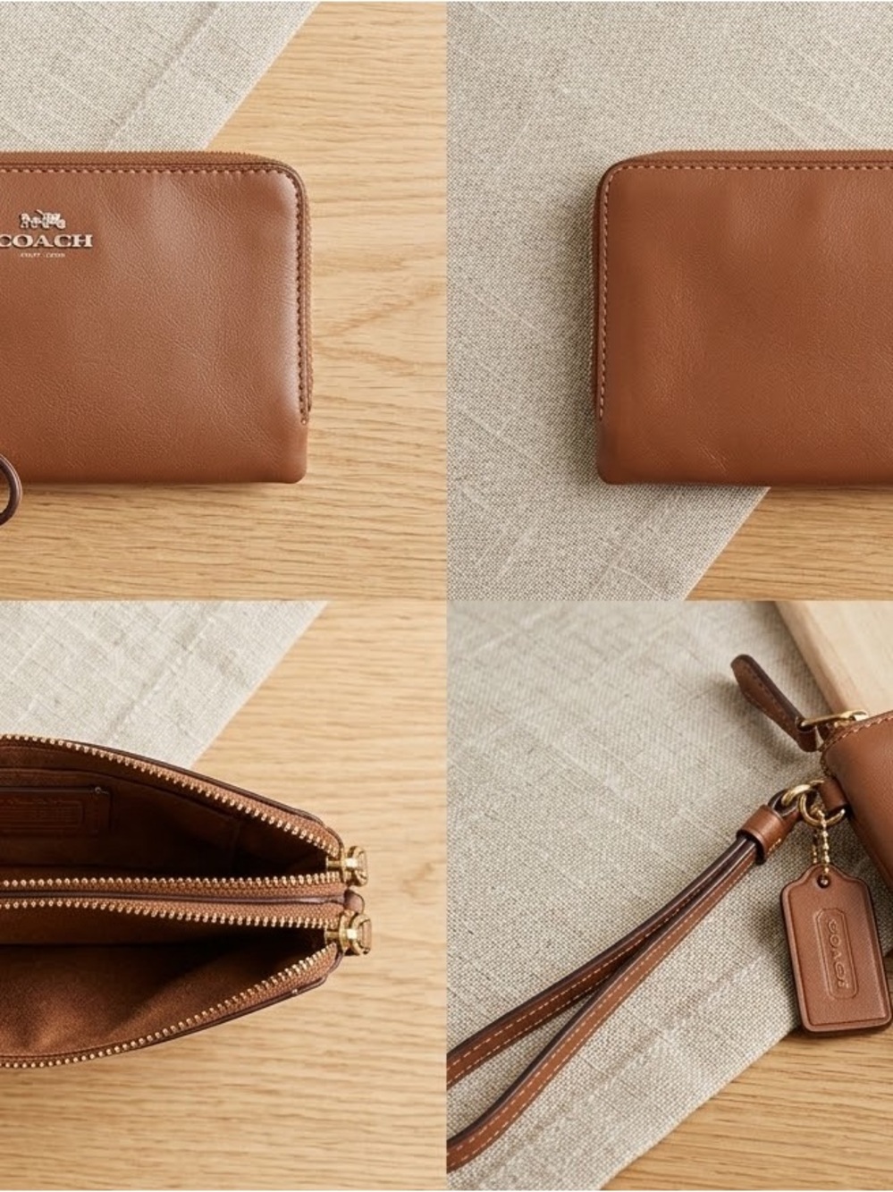 COACH Tan Leather Zip Wallet Wristlet with Gold Hardware
